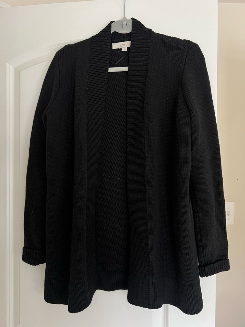 LOFT Black Open-Front Ribbed Trim Cardigan